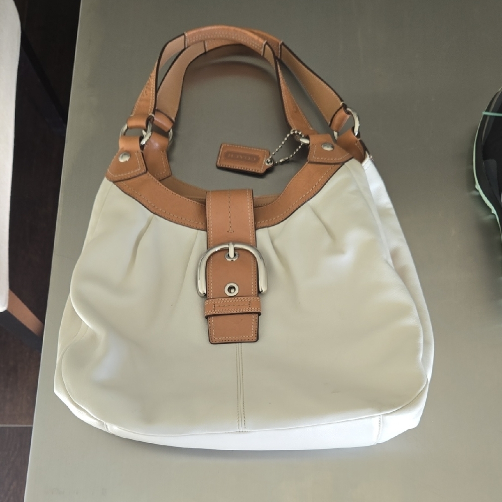 Coach Cream and Tan Shoulder Bag with Leather Trim